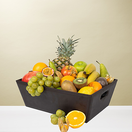 Fruits exotiques dans panier similicuir