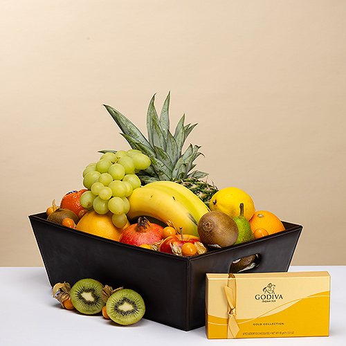 Panier de fruits de luxe et coffret cadeau Godiva Gold