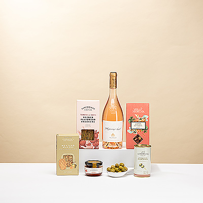 Savourez les délices d'un vin rosé de la Provence ensoleillée, accompagné d'une délicieuse collection d'amuse-gueules européens dans ce cadeau élégant.