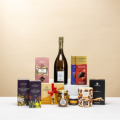 Un cadeau gastronomique extraordinaire : le prestigieux champagne Pommery Cuvée Louise accompagné d'une collection soigneusement sélectionnée d'amuse-gueules savoureux, de chocolats Godiva et de délicieuses friandises. Ce cadeau extraordinaire est parfait pour les occasions festives et les grandes célébrations.