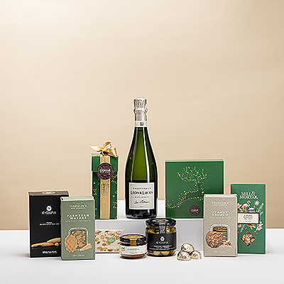 Ce Noël, offrez à vos amis, à votre famille et à vos collègues un cadeau élégant et raffiné. Une belle bouteille de champagne Léon & Lucien est associée à une délicieuse collection de gourmandises de Noël : chocolats de Noël festifs Corné Port-Royal, snacks salés, noix croquantes et bien plus encore.