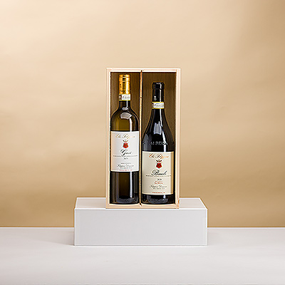 Ce cadeau classique de vin italien est un choix idéal pour toutes les occasions. Une bouteille de vin rouge robuste et une bouteille de vin blanc frais et fruité sont présentées dans un magnifique coffret en bois.