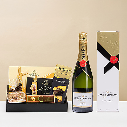 Godiva Plateau cadeau noir et or avec Moët