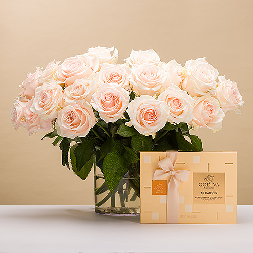 20 Roses roses claires avec Carrés Godiva