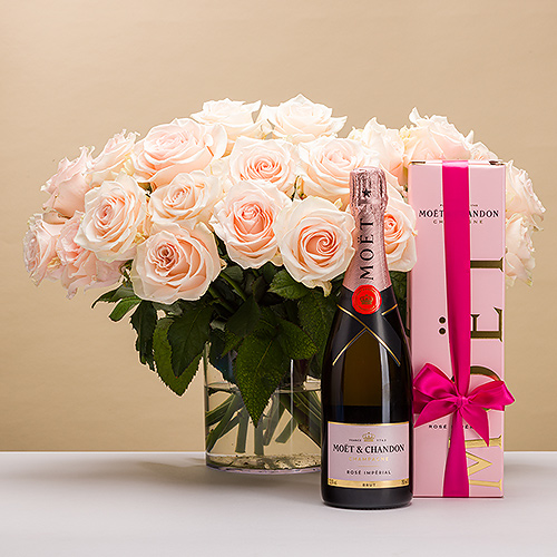 20 roses roses avec Moët & Chandon Rosé